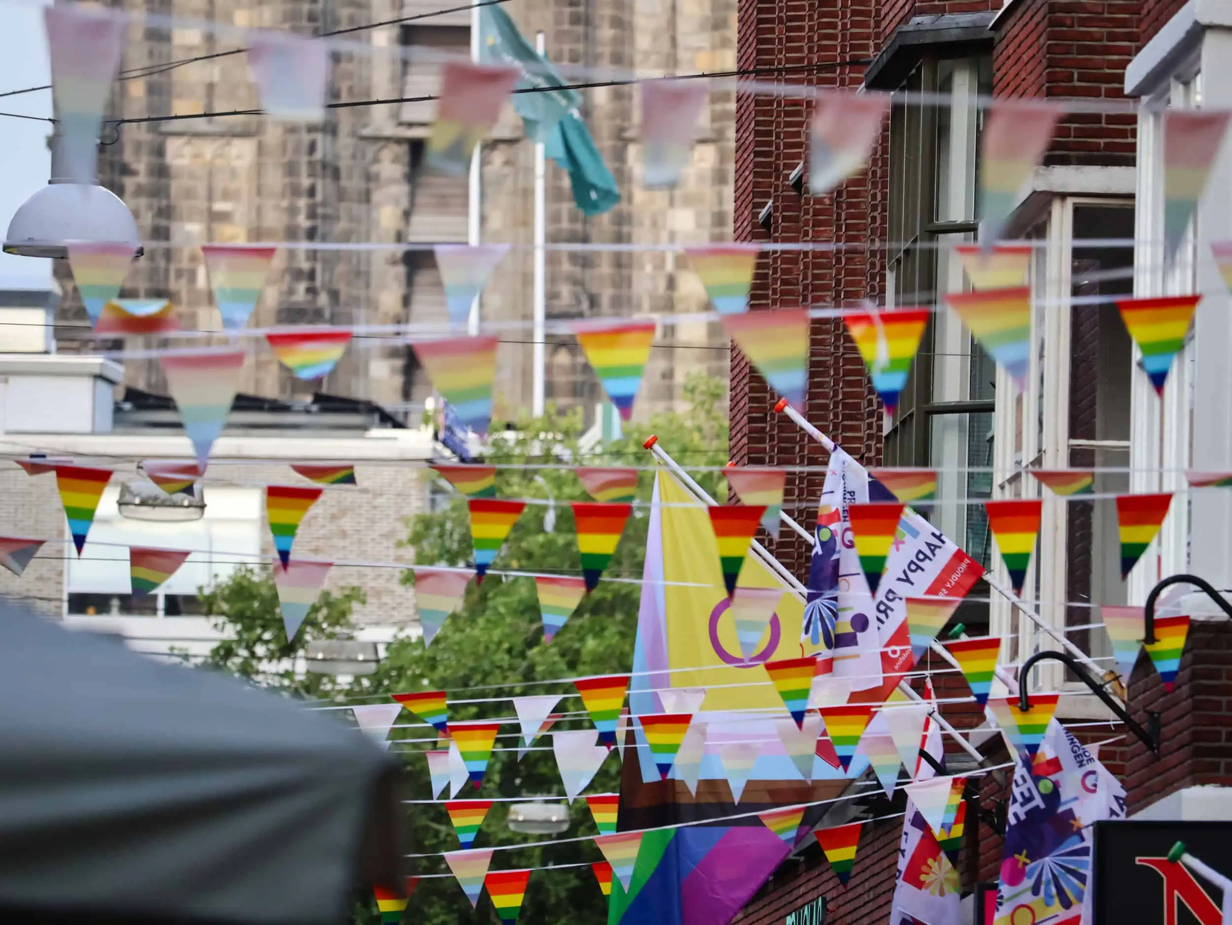 foto van pride groningen 2022. Feestende mensen met vlaggetjes met een regenboog erop.